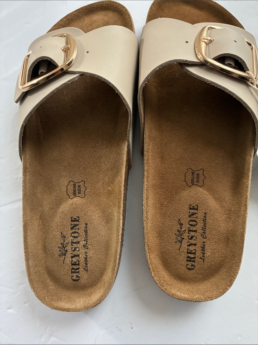 GreyStone  Genuine Leather Women's Cream Buckle Slide Sandals  Size 7
